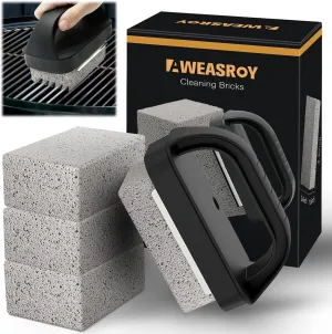 Grill Cleaning Brick with Handle, Heavy Duty Pumice Stone for BBQ Grills Easy Removing, Grilling Gifts for BBQ Lovers (4 Pack)