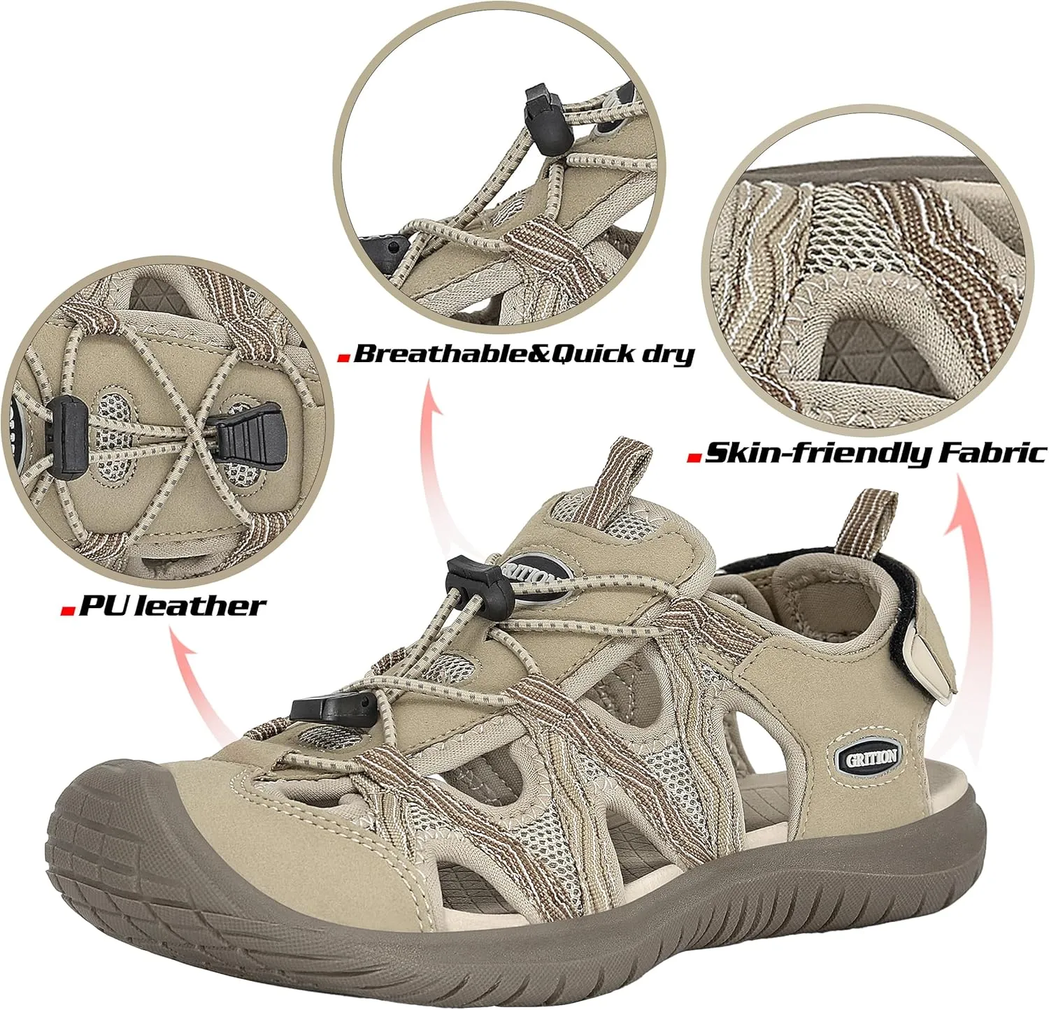 GRITION Hiking Sandals Women Closed Toe, Waterproof Lightweight Adjustable Hiking Athletic Sandals, Breathable For Beach Summer Adventure Comfortable Outdoor Sport