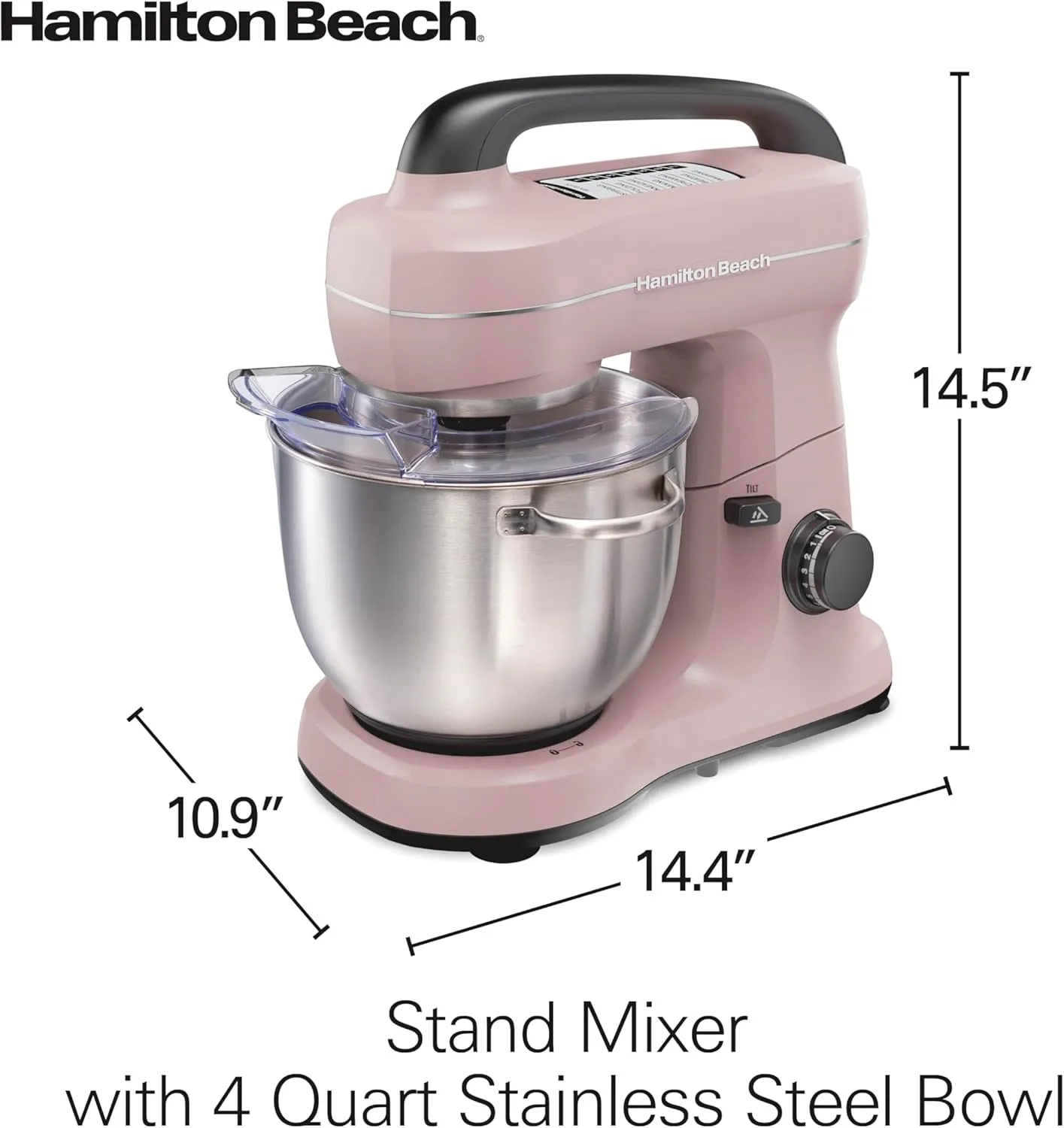 Hamilton Beach Electric Stand Mixer, 4 Quarts, Dough Hook, Flat Beater Attachments, Splash Guard, 7 Speeds with Whisk, Pink