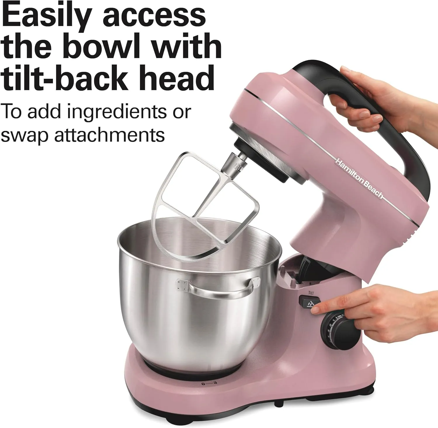 Hamilton Beach Electric Stand Mixer, 4 Quarts, Dough Hook, Flat Beater Attachments, Splash Guard, 7 Speeds with Whisk, Pink