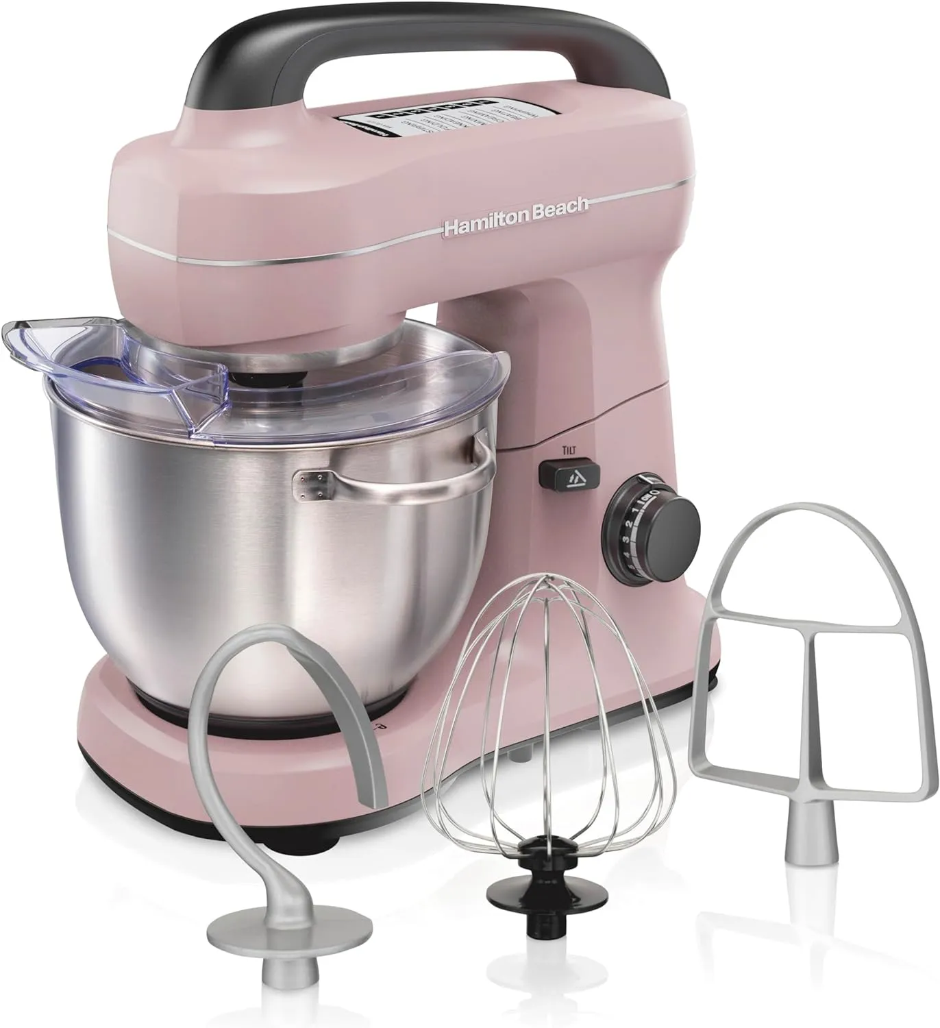 Hamilton Beach Electric Stand Mixer, 4 Quarts, Dough Hook, Flat Beater Attachments, Splash Guard, 7 Speeds with Whisk, Pink