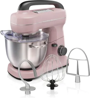 Hamilton Beach Electric Stand Mixer, 4 Quarts, Dough Hook, Flat Beater Attachments, Splash Guard, 7 Speeds with Whisk, Pink