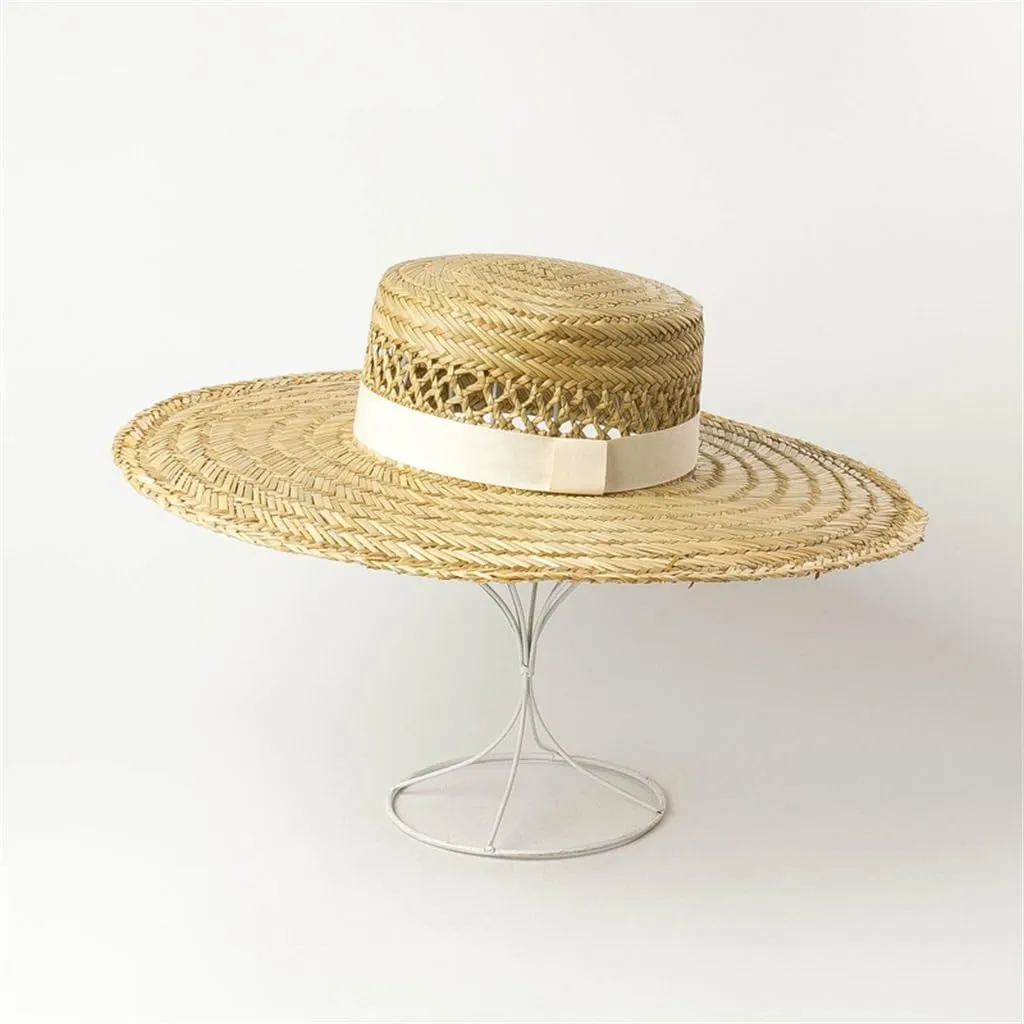 Hand-Woven Seagrass Flat Top Hat Ribbon Decoration Large Eaves Seagrass Flat Top Hat Sunshade Hat