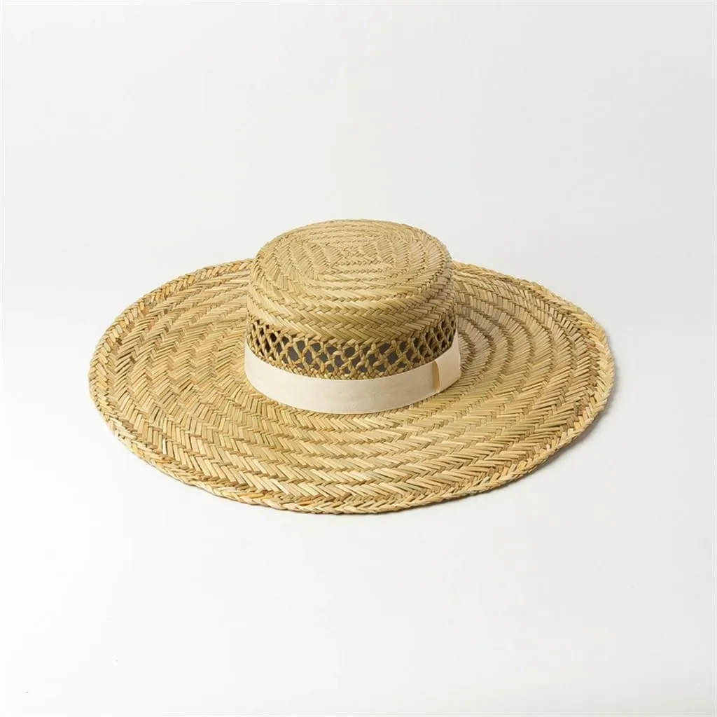 Hand-Woven Seagrass Flat Top Hat Ribbon Decoration Large Eaves Seagrass Flat Top Hat Sunshade Hat