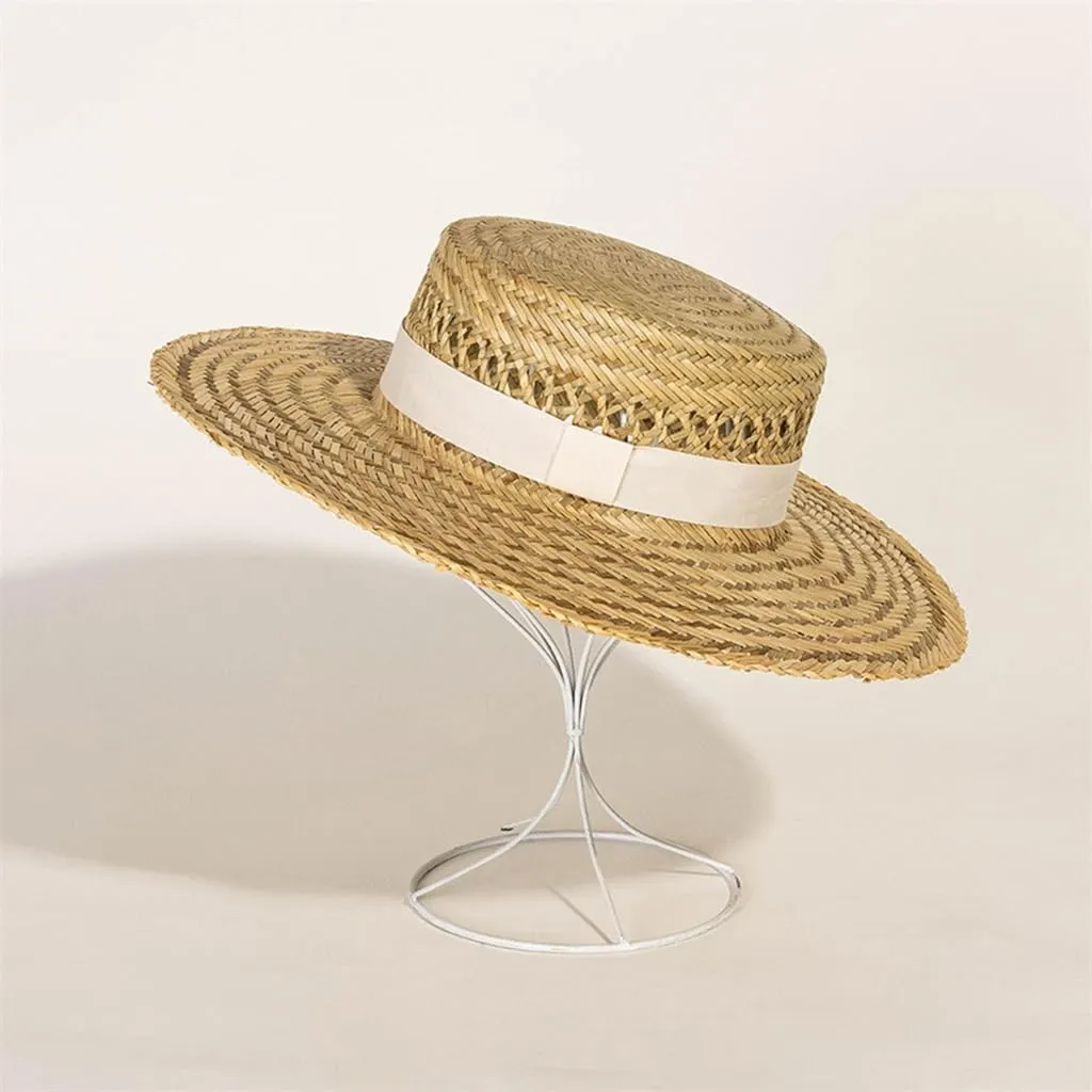 Hand-Woven Seagrass Flat Top Hat Ribbon Decoration Large Eaves Seagrass Flat Top Hat Sunshade Hat