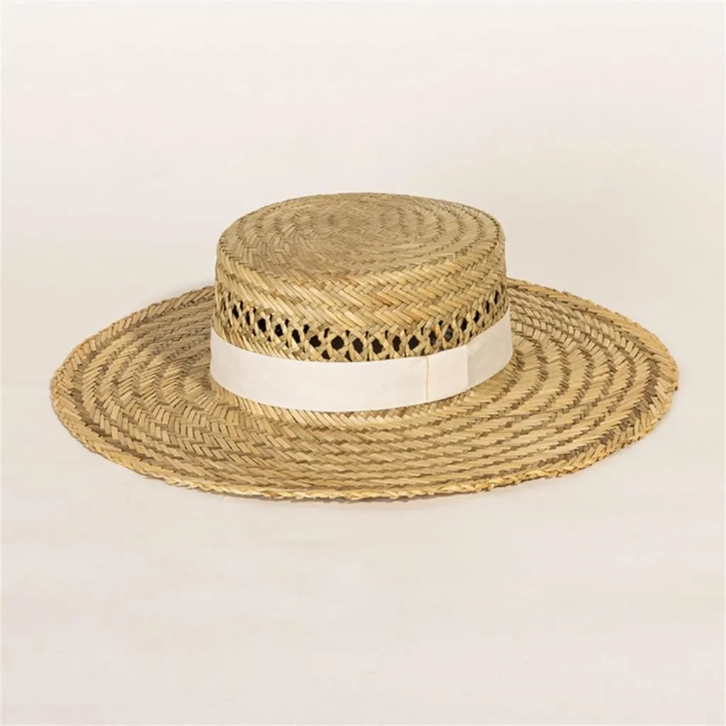 Hand-Woven Seagrass Flat Top Hat Ribbon Decoration Large Eaves Seagrass Flat Top Hat Sunshade Hat