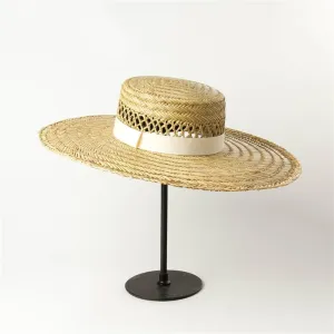 Hand-Woven Seagrass Flat Top Hat Ribbon Decoration Large Eaves Seagrass Flat Top Hat Sunshade Hat