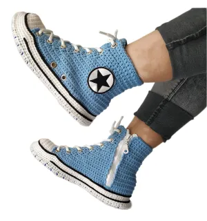 Handmade Crochet High-Top Sneaker Slippers - Light Blue Unisex Indoor Shoes