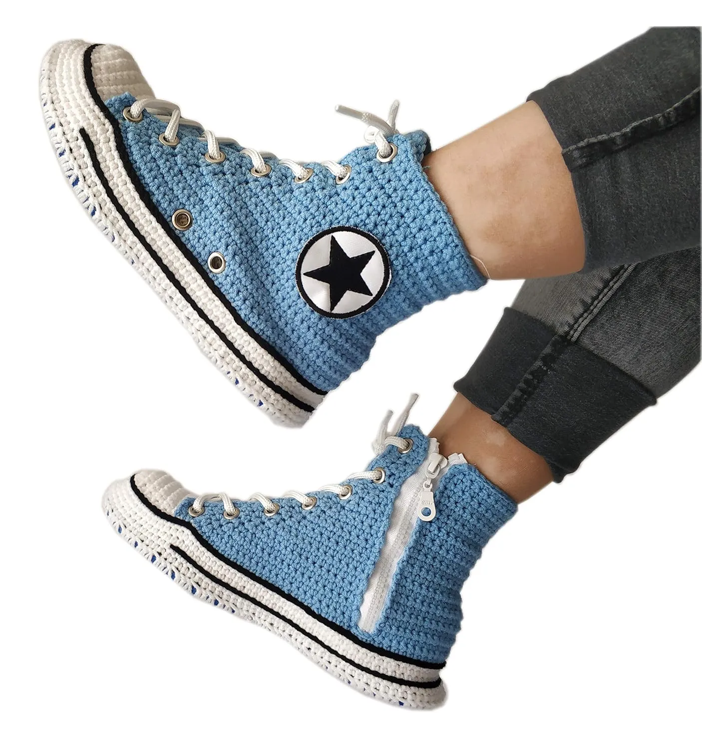 Handmade Crochet High-Top Sneaker Slippers - Light Blue Unisex Indoor Shoes
