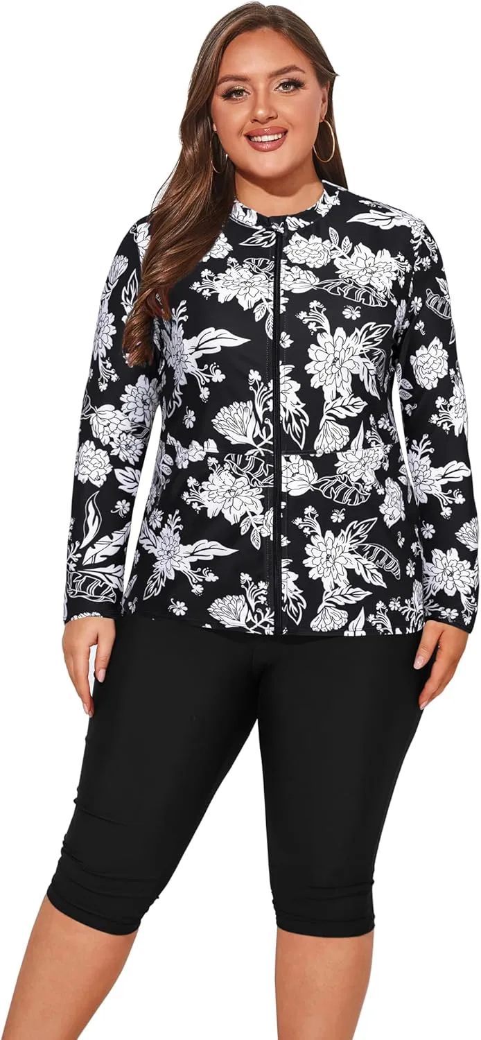 Hanna Nikole Women 3 Pieces Plus Size Rash Guard Swimwear Sun Protection Surfing Bathing Suits Long Sleeve Swimsuits