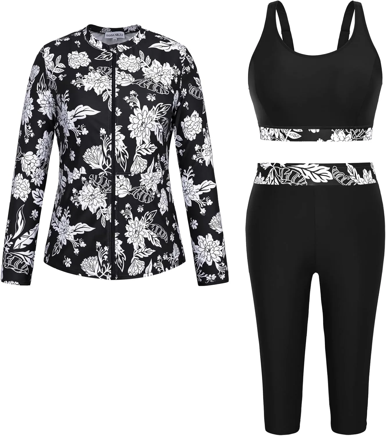 Hanna Nikole Women 3 Pieces Plus Size Rash Guard Swimwear Sun Protection Surfing Bathing Suits Long Sleeve Swimsuits