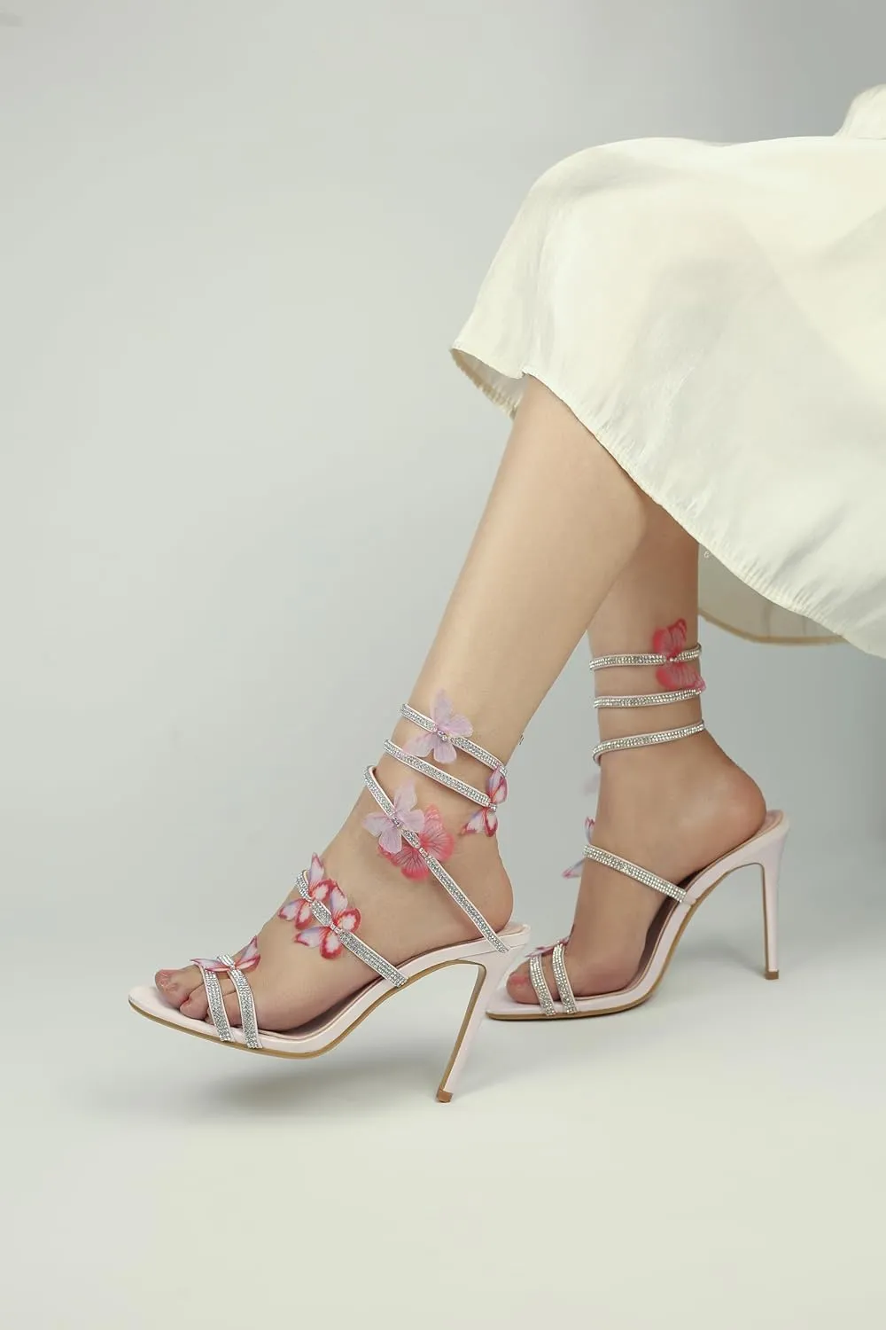 HiColor womens butterfly rhinestone stiletto sandals open-toed spiral high heels wedding ball dress performance sandals