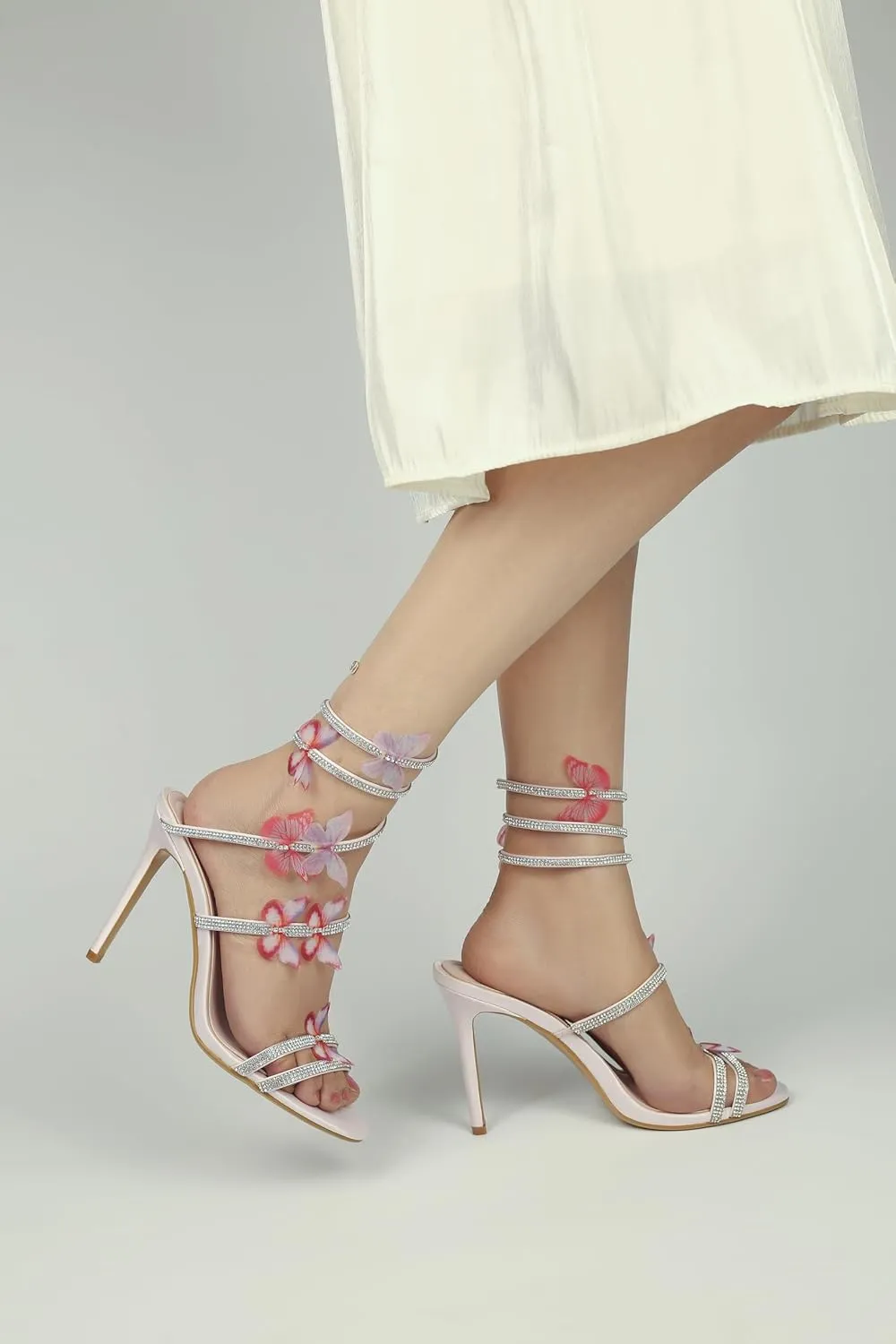 HiColor womens butterfly rhinestone stiletto sandals open-toed spiral high heels wedding ball dress performance sandals