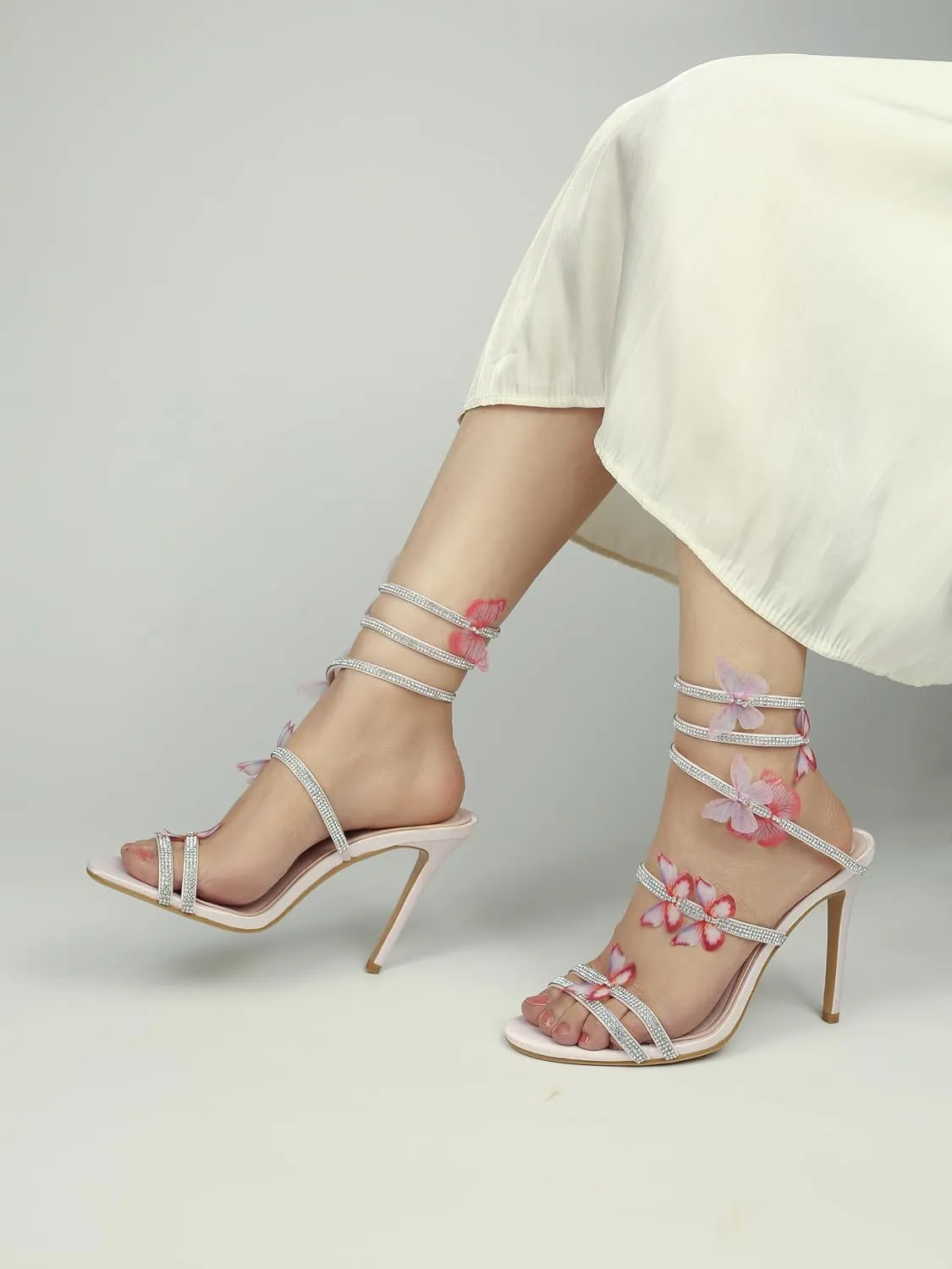 HiColor womens butterfly rhinestone stiletto sandals open-toed spiral high heels wedding ball dress performance sandals