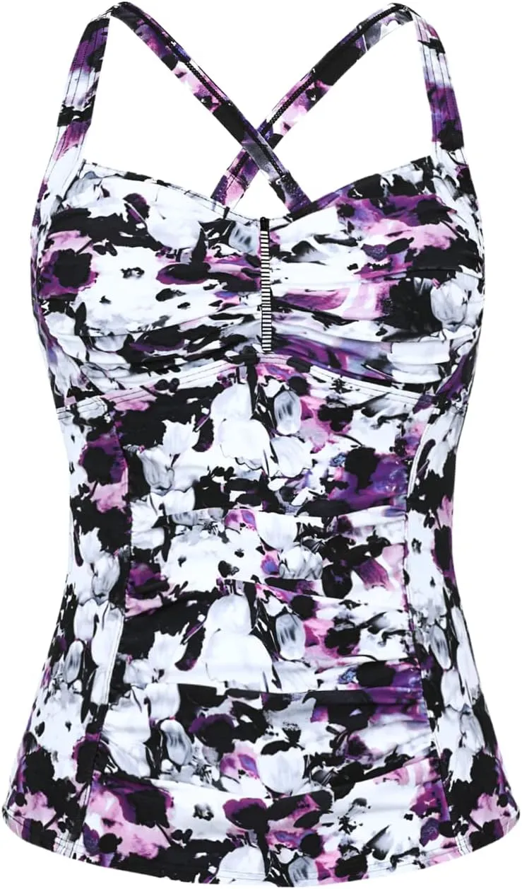 Hilor Women's Tankini Tops Shirred Tummy Control Swimsuits Cross Back Tankini Swimwear Tops