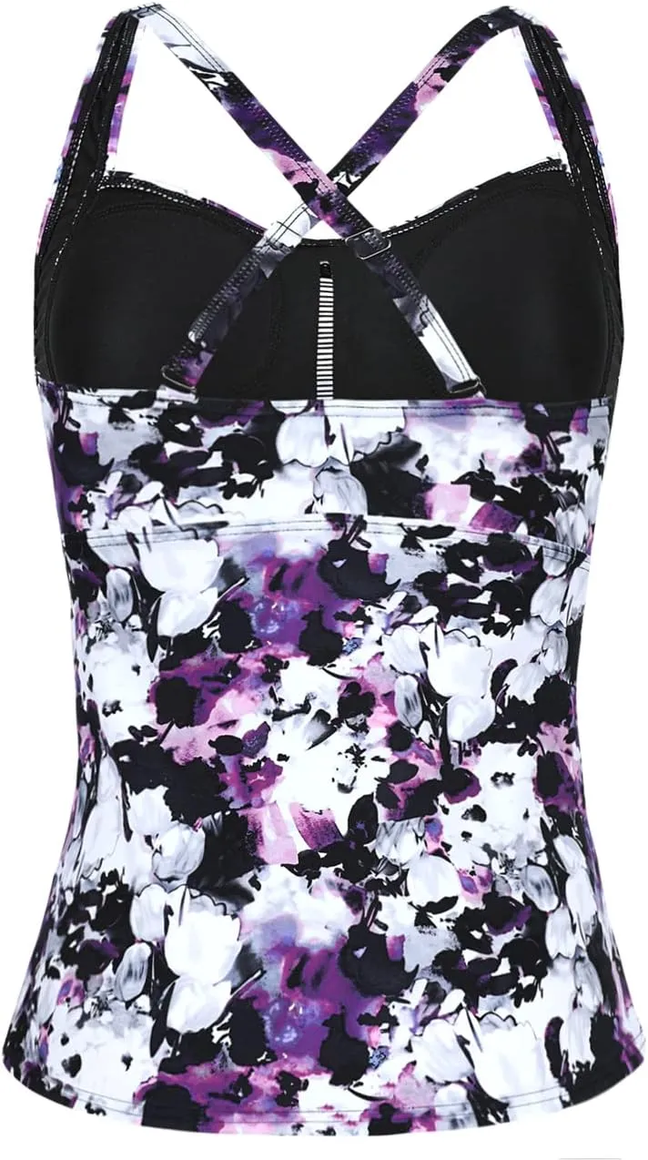 Hilor Women's Tankini Tops Shirred Tummy Control Swimsuits Cross Back Tankini Swimwear Tops