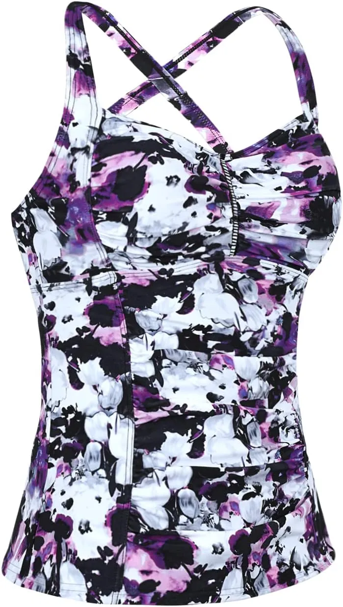 Hilor Women's Tankini Tops Shirred Tummy Control Swimsuits Cross Back Tankini Swimwear Tops