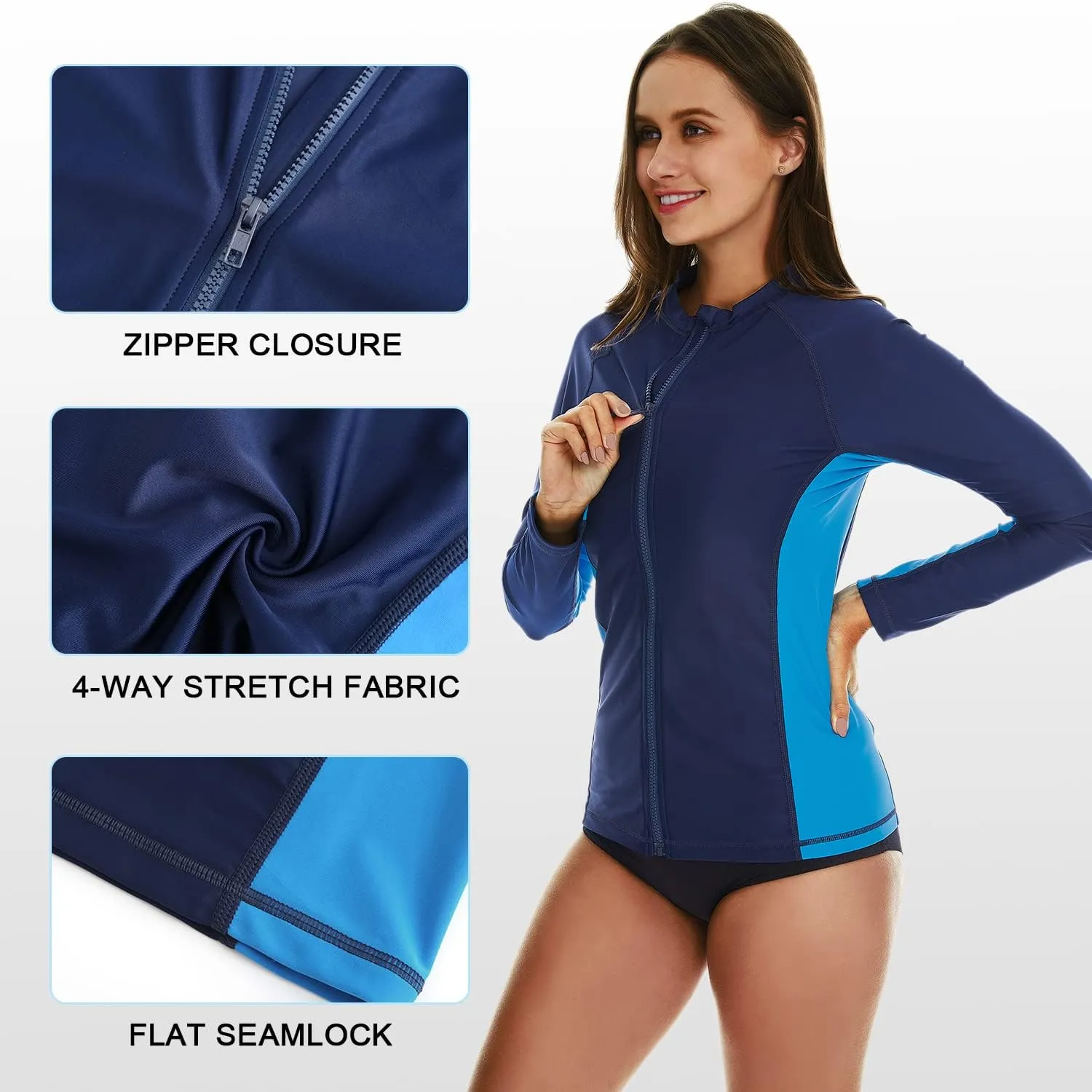 HODOSPORTS Women's Rashguard UPF 50  Swimsuit Zip Front Sun Protection Swim Shirt Long Sleeve S-5XL