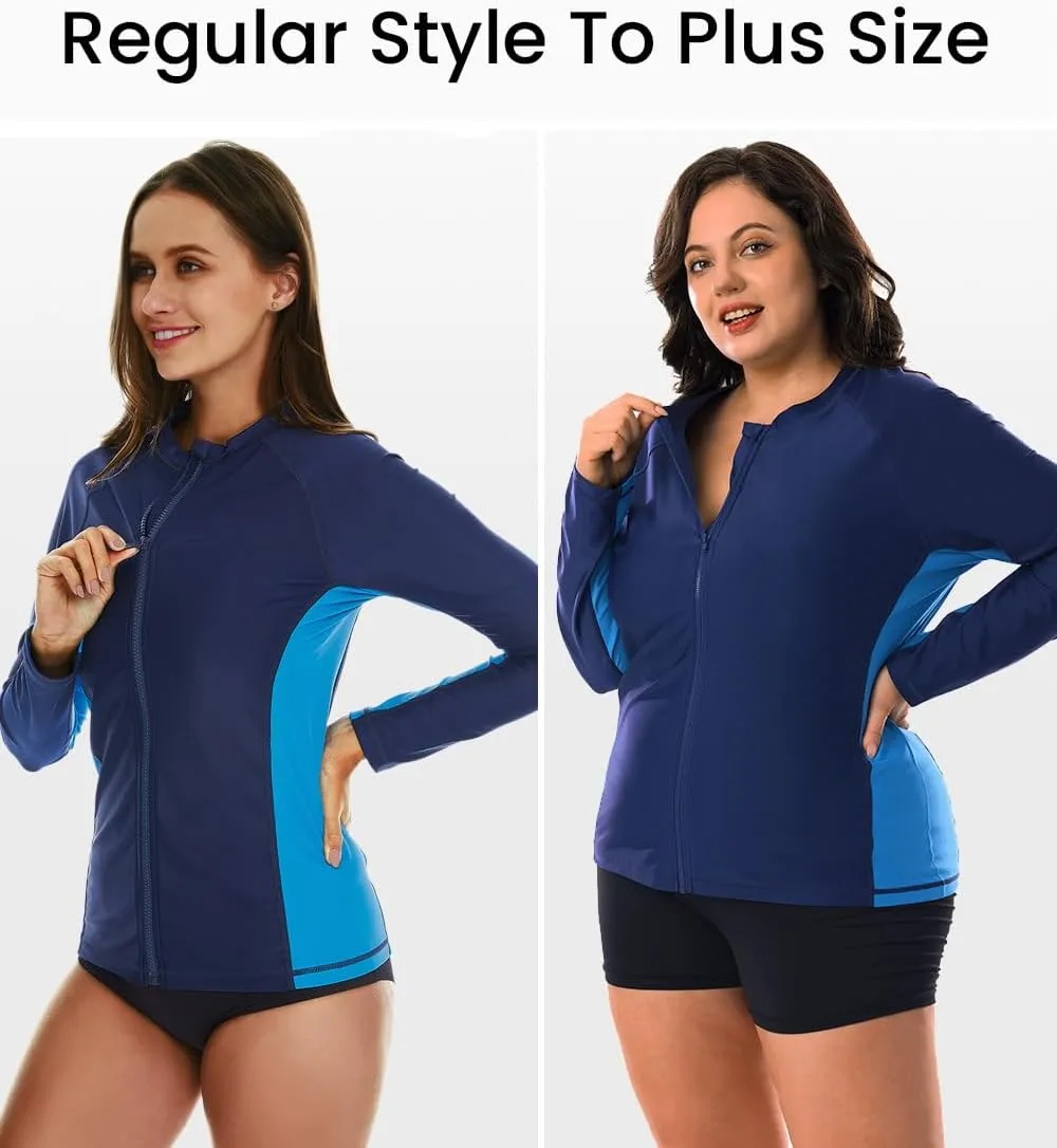 HODOSPORTS Women's Rashguard UPF 50  Swimsuit Zip Front Sun Protection Swim Shirt Long Sleeve S-5XL