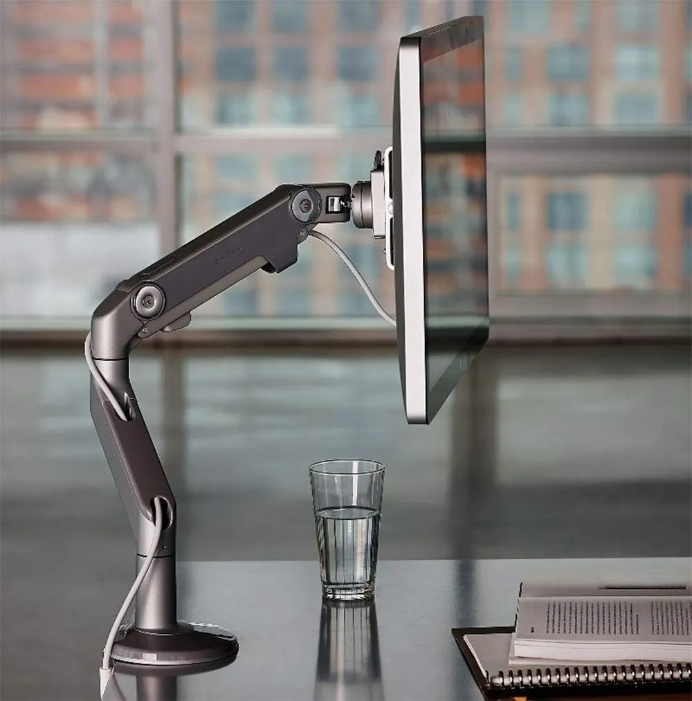 Humanscale M8 Adjustable Articulating Computer Monitor Arm - Two Piece Clamp On Mount with Base - Polished Aluminum with White Trim