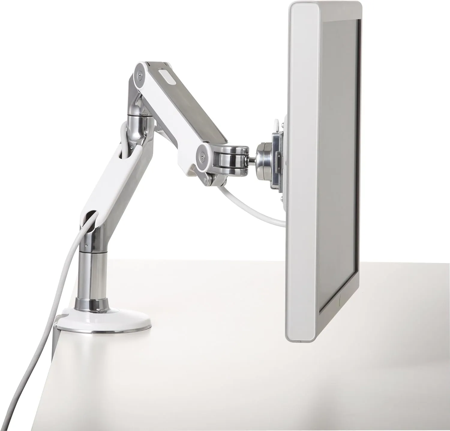 Humanscale M8 Adjustable Articulating Computer Monitor Arm - Two Piece Clamp On Mount with Base - Polished Aluminum with White Trim