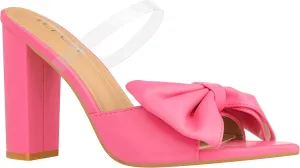 ILLUDE Women’s Chunky Block Heel with Bow Clear Pointed Toe Heeled Sandal Slip On Mule - Rosa