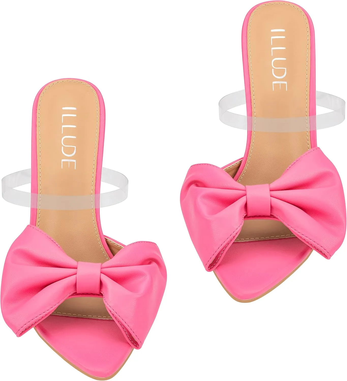 ILLUDE Women’s Chunky Block Heel with Bow Clear Pointed Toe Heeled Sandal Slip On Mule - Rosa