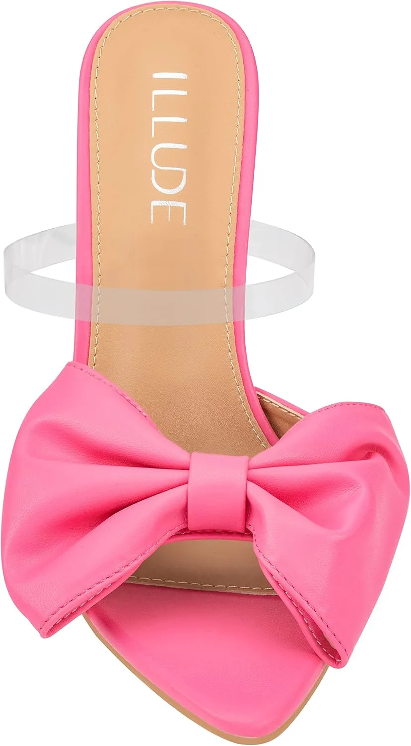 ILLUDE Women’s Chunky Block Heel with Bow Clear Pointed Toe Heeled Sandal Slip On Mule - Rosa