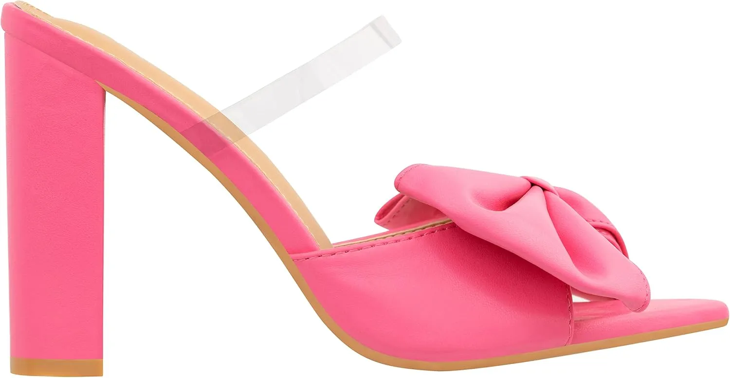 ILLUDE Women’s Chunky Block Heel with Bow Clear Pointed Toe Heeled Sandal Slip On Mule - Rosa