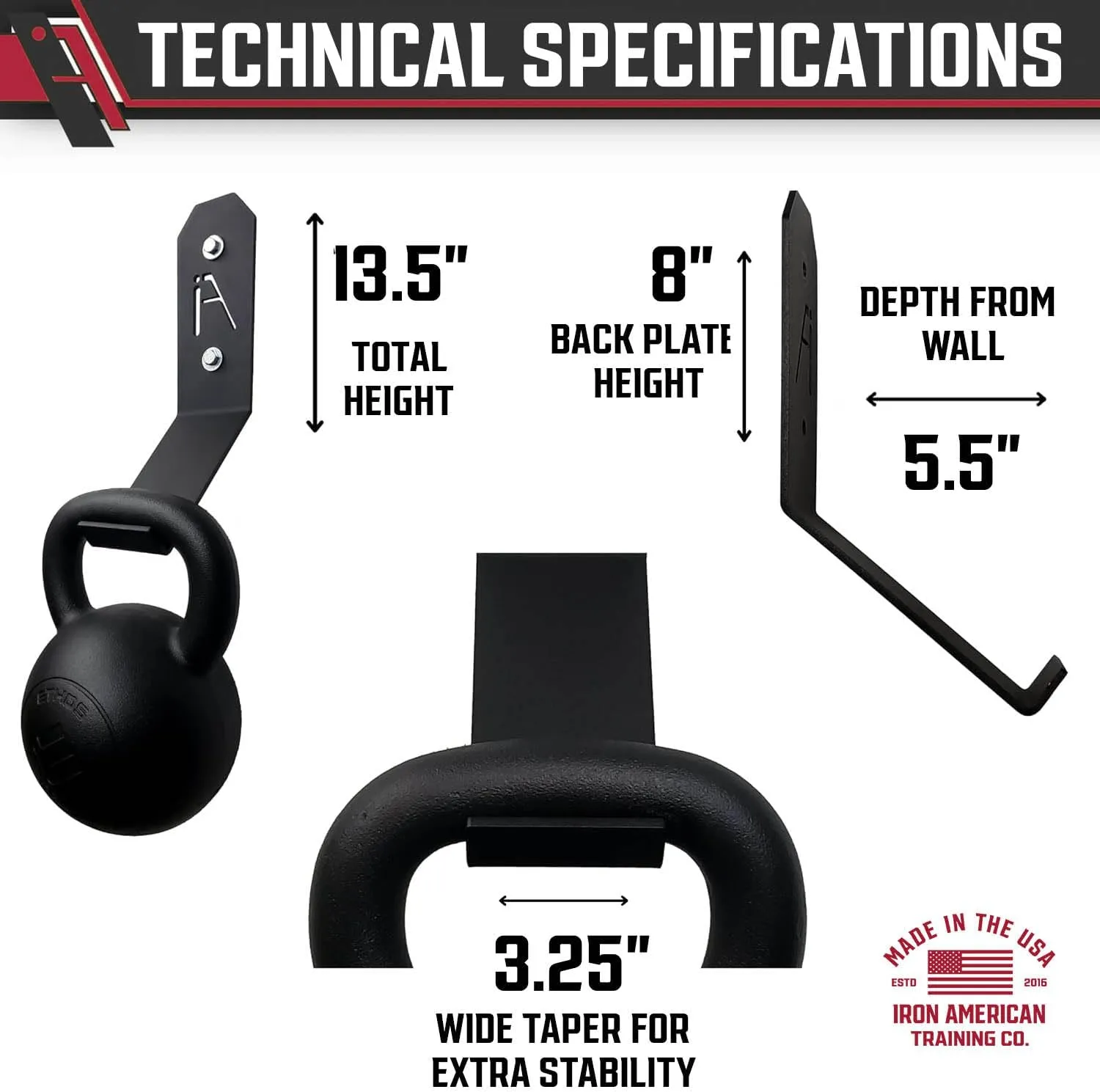 Iron American Heavy-Duty Kettlebell Wall Mount Storage Rack - Gym Storage Hanger, Holds up to 200 Pounds - Easy Installation, Hardware Included - Weight Rack for Home Gym - Made in USA