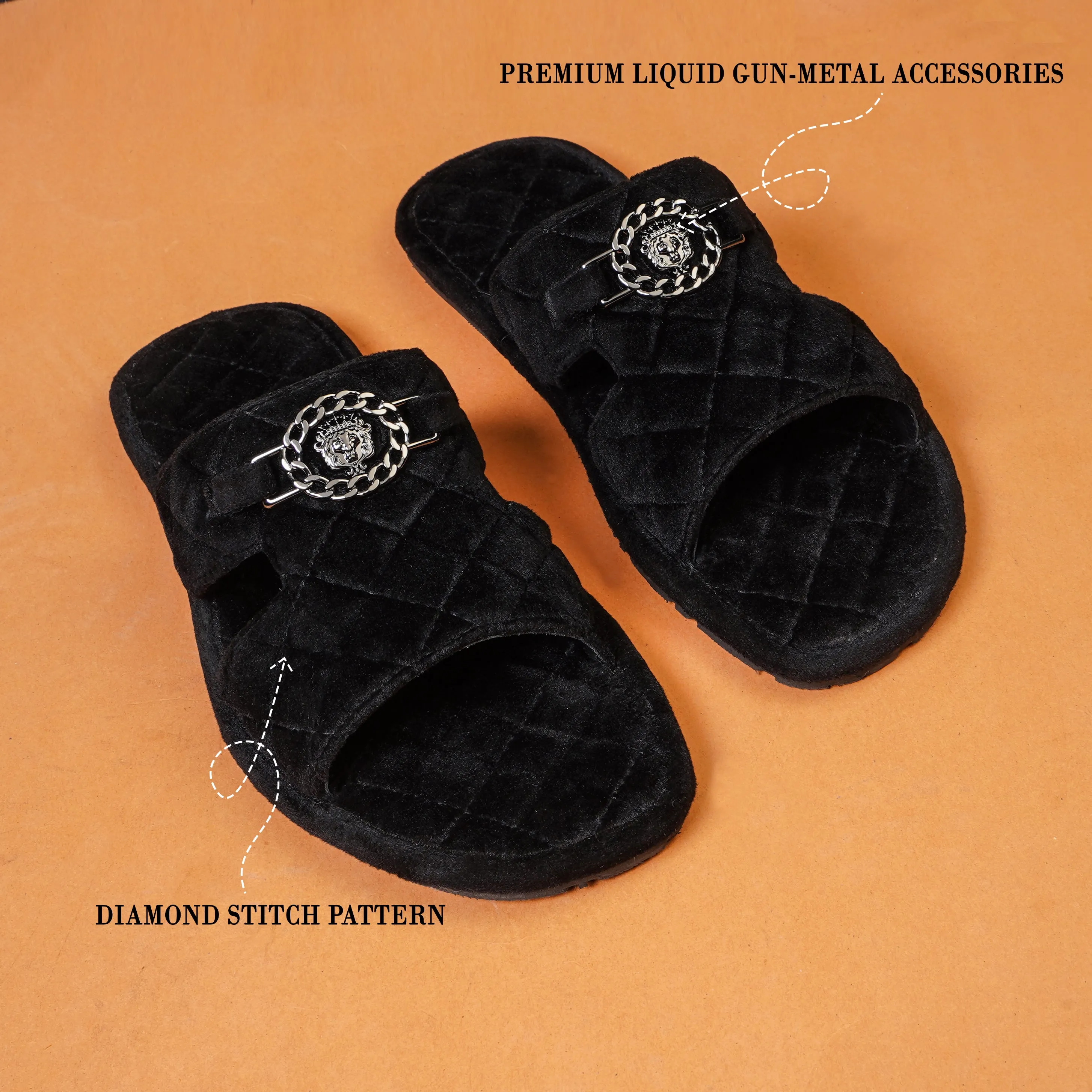 Italian Black Velvet Slipper with Diamond Stitched Broader Toe Strap