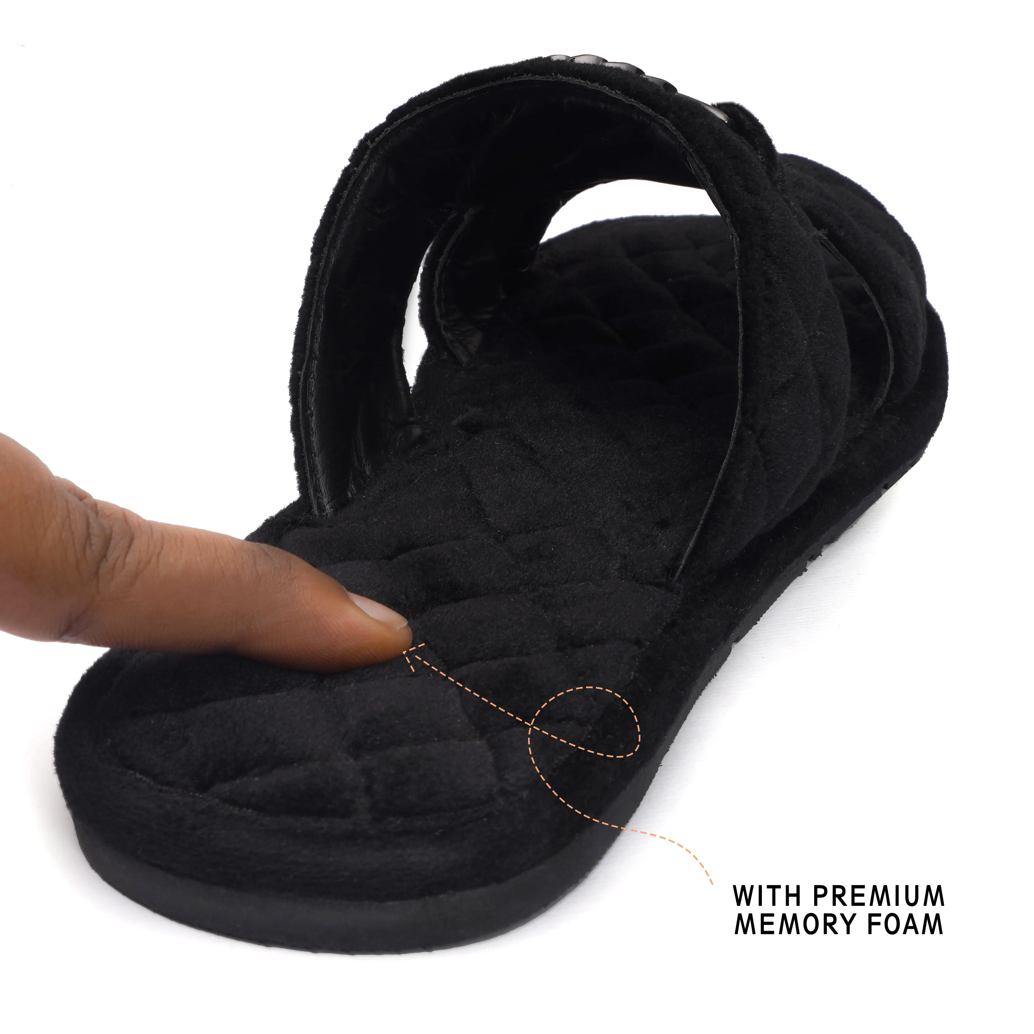 Italian Black Velvet Slipper with Diamond Stitched Broader Toe Strap