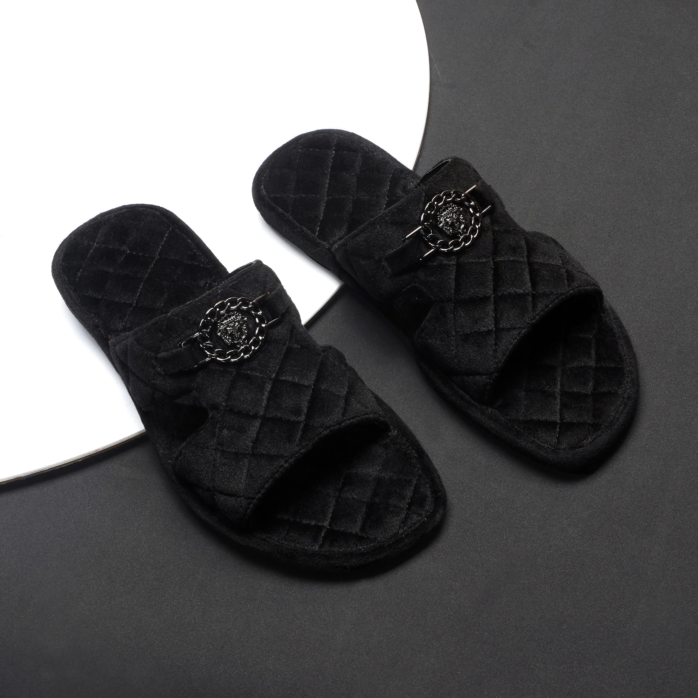 Italian Black Velvet Slipper with Diamond Stitched Broader Toe Strap