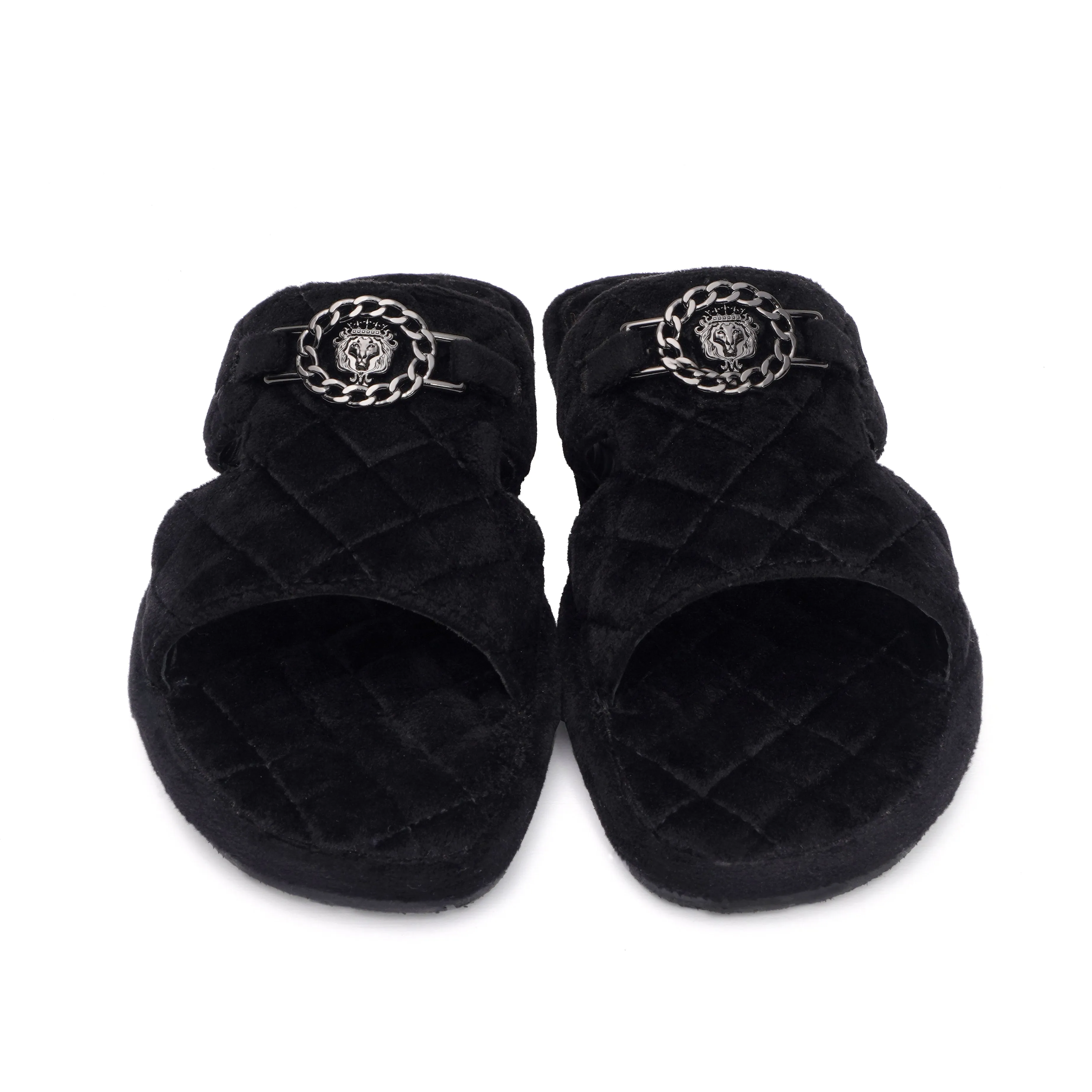 Italian Black Velvet Slipper with Diamond Stitched Broader Toe Strap