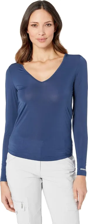 Jamie Sadock Sunsense® Long Sleeve Layering Top for Women – Plunging V-Neckline – Long Sleeves – Curved Hem Layering Top Moonlit Navy MD One Size