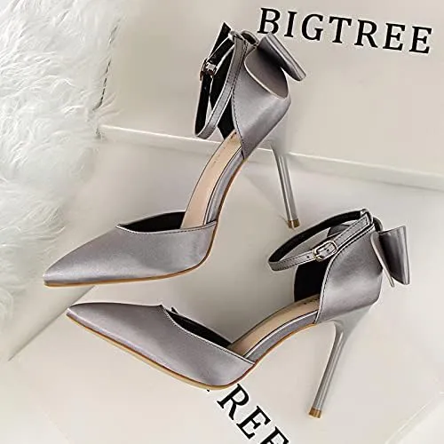 JiangWei Shu Women's High Heel Sandal Satin Bow Knot Pointed Toe Party Shoes