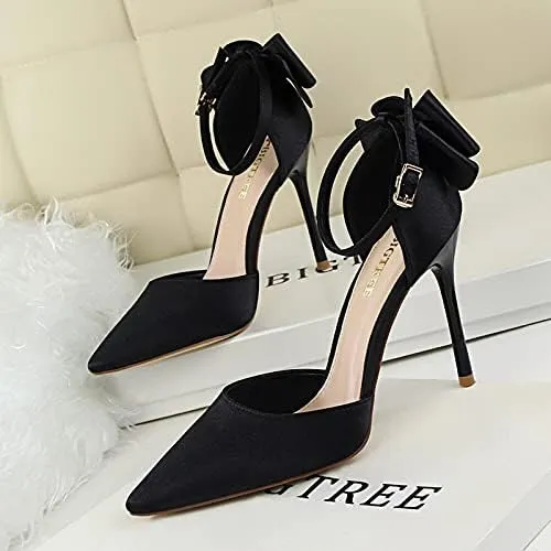 JiangWei Shu Women's High Heel Sandal Satin Bow Knot Pointed Toe Party Shoes