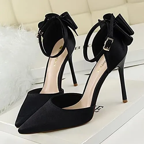 JiangWei Shu Women's High Heel Sandal Satin Bow Knot Pointed Toe Party Shoes