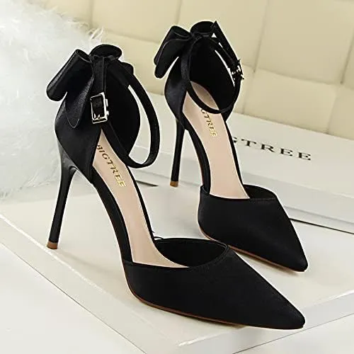 JiangWei Shu Women's High Heel Sandal Satin Bow Knot Pointed Toe Party Shoes