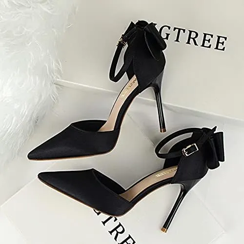 JiangWei Shu Women's High Heel Sandal Satin Bow Knot Pointed Toe Party Shoes