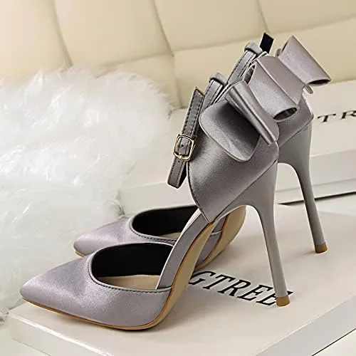 JiangWei Shu Women's High Heel Sandal Satin Bow Knot Pointed Toe Party Shoes
