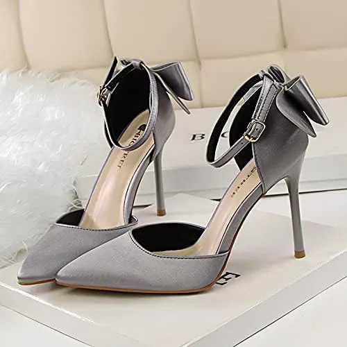 JiangWei Shu Women's High Heel Sandal Satin Bow Knot Pointed Toe Party Shoes