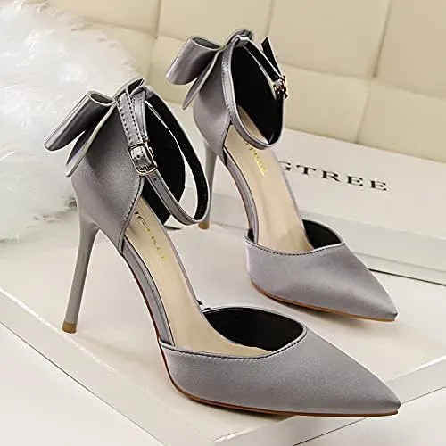 JiangWei Shu Women's High Heel Sandal Satin Bow Knot Pointed Toe Party Shoes
