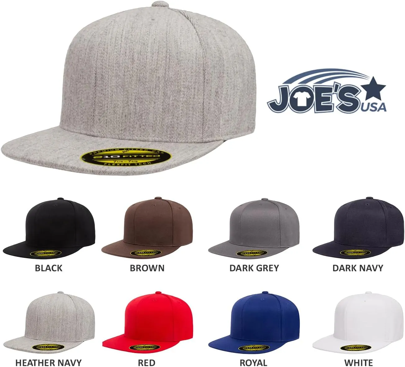 Joe's USA Flexfit 210 Structured 6 Panel Premium Wool Blend Fitted Hat - Bulk, Blank Caps