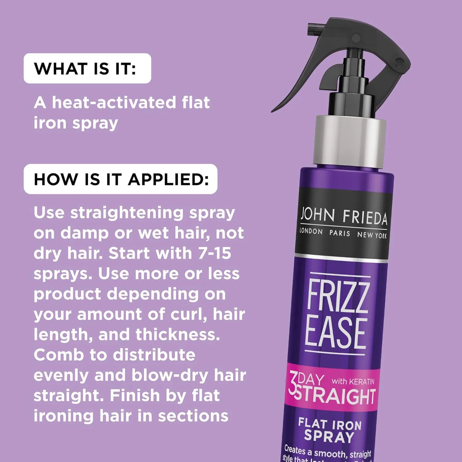 John Frieda Frizz Ease 3-day Flat Iron Spray, Heat-activated Straightening Spray, to Block Out Frizz, with Keratin Protein, 3.5 Ounce (Pack of 6)