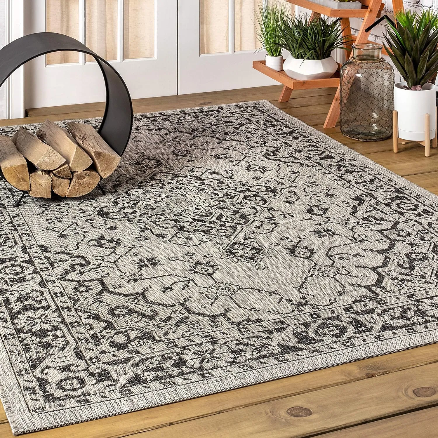 JONATHAN Y SMB102D-5 Rozetta Boho Medallion Textured Weave Indoor Outdoor Area -Rug Coastal Bohemian Rustic Glam Easy -Cleaning Bedroom Kitchen Backyard Patio Non Shedding, 5 X 8, Gray/Black