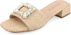 Journee Womens Pearl Raffia Slip On Open Square Toe Outset Block Heel Justina Comfort Foam Flat Sandals