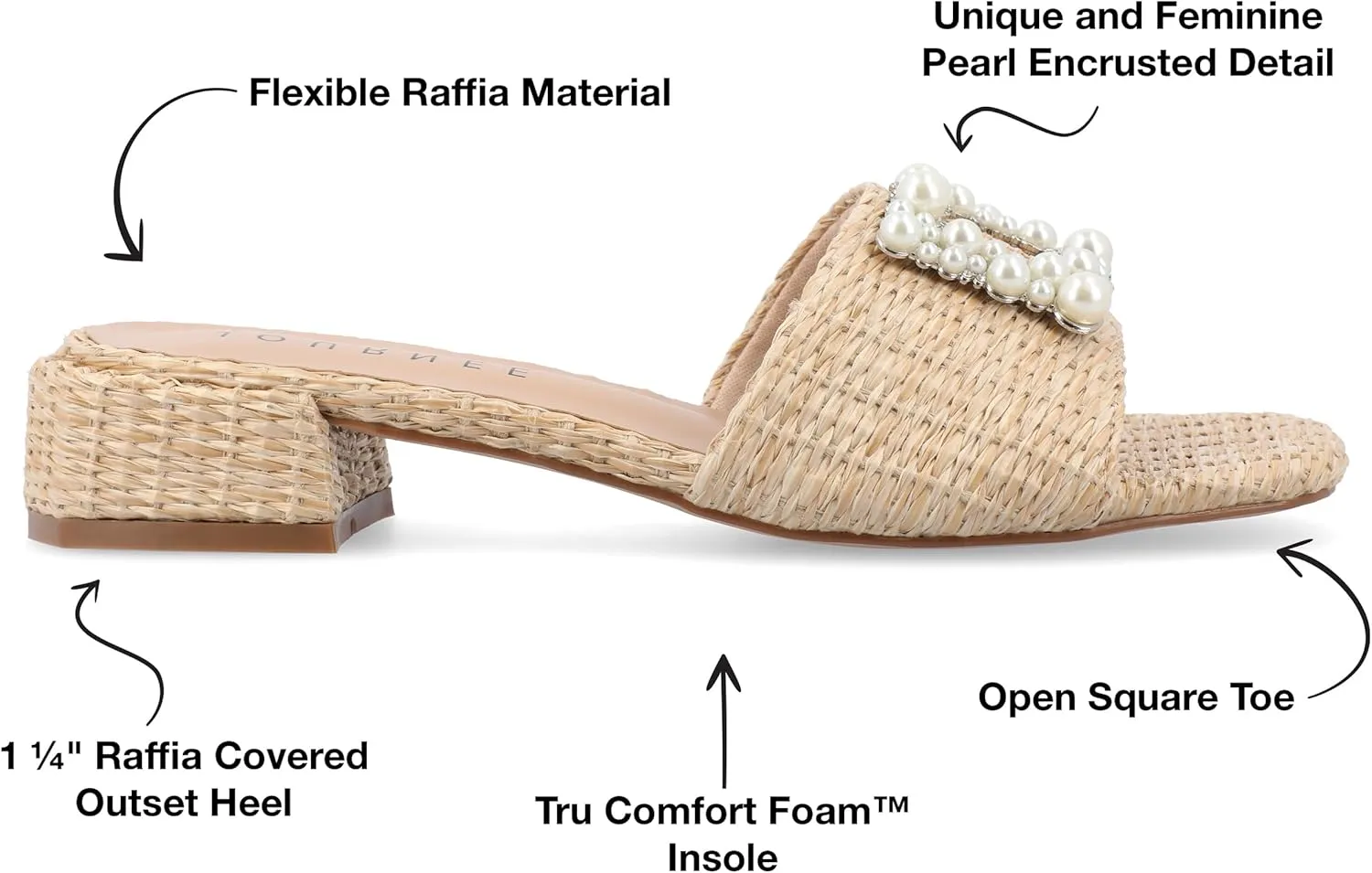 Journee Womens Pearl Raffia Slip On Open Square Toe Outset Block Heel Justina Comfort Foam Flat Sandals