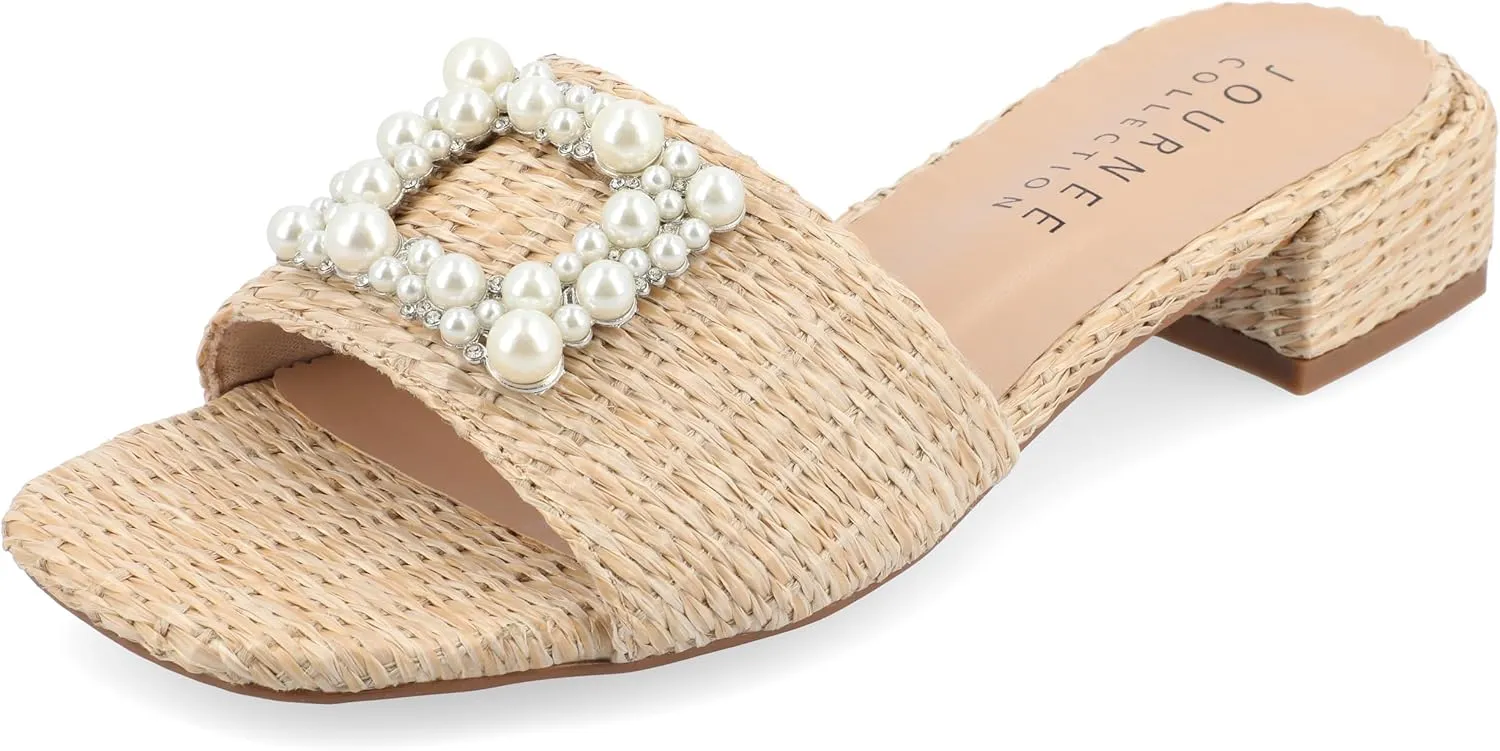 Journee Womens Pearl Raffia Slip On Open Square Toe Outset Block Heel Justina Comfort Foam Flat Sandals