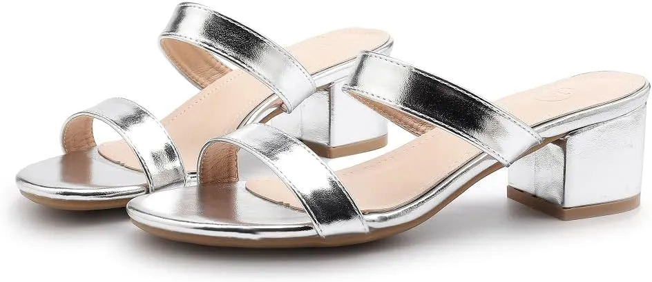 kkdom Round Toe Chunky Heels Sandals-Clear Nude Black Short Heels Two Strap Leather Mule Sandals Slip On Block Heels for Party Dating Daily Work